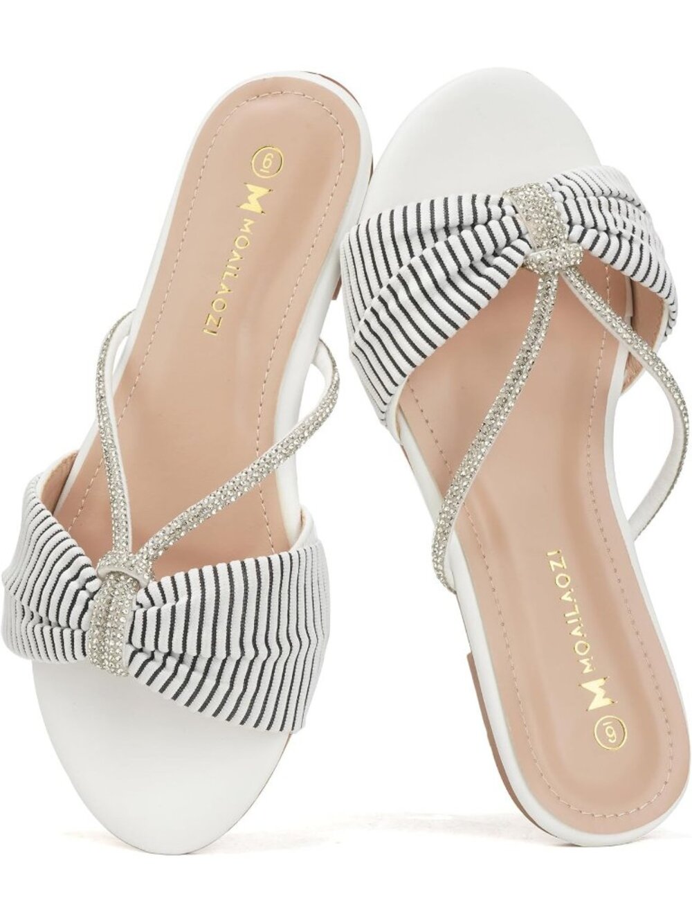 Women's White Rhinestone Strappy Slides With Soft Memory Foam Insole Flat Sandal